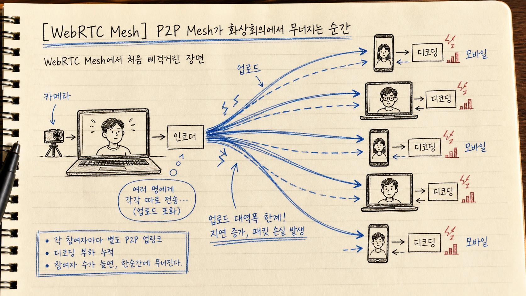 P2P Mesh가 화상통화에서 무너지는 순간 — 경계 변경